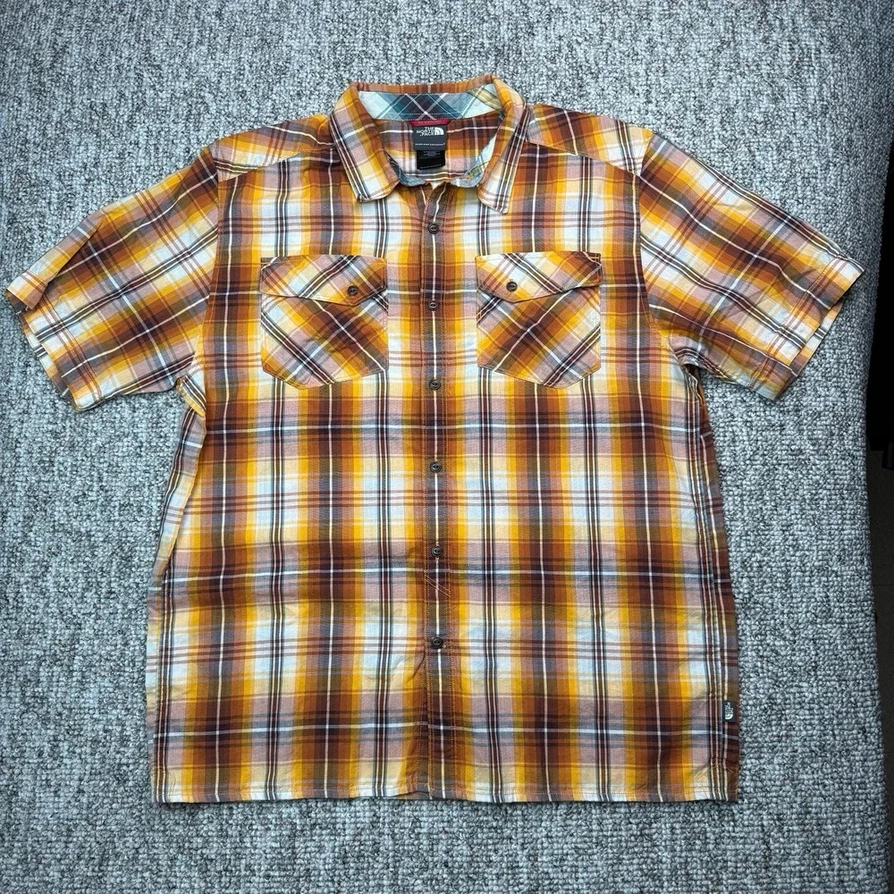 The North Face Shirt Mens Large Blue Plaid Button Up Short Sleeve Orange